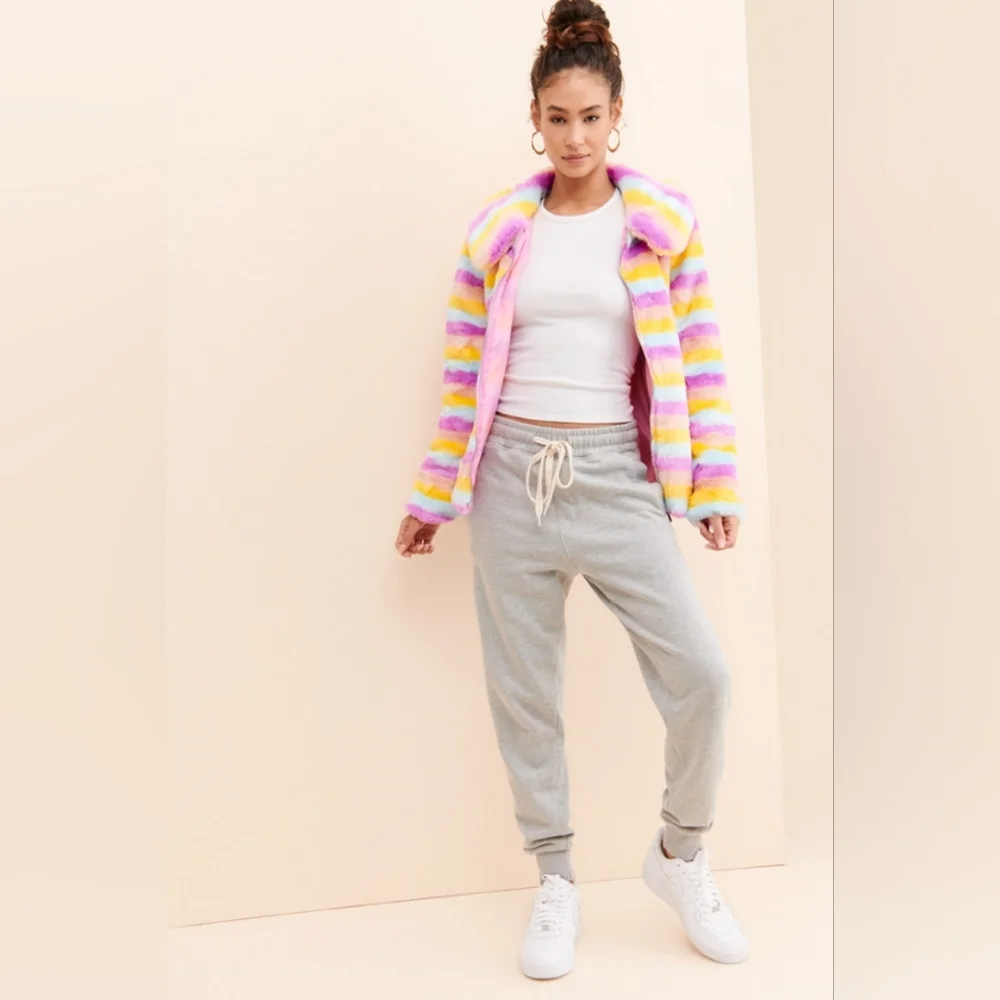 Daisy Street Rainbow stripe faux fur jacket NWT